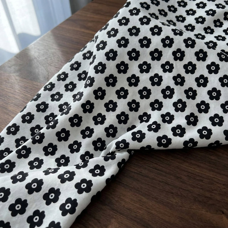 Wide Draped Black and White Floral Viscose Fabric
